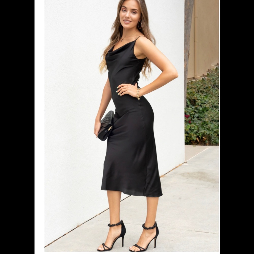 Hashtta Black Satin Spaghetti strap, Cowl Neck Slip Dress SzM
